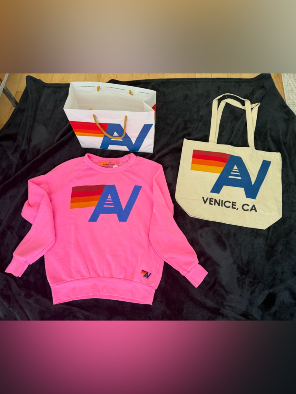 NWT Aviator Nation Neon Pink Logo Sweatshirt Size XS + Tote